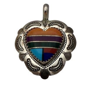 Vintage Signed  QT Sterling Silver Multi Inlay Stone Heart Pendant 4.4 g